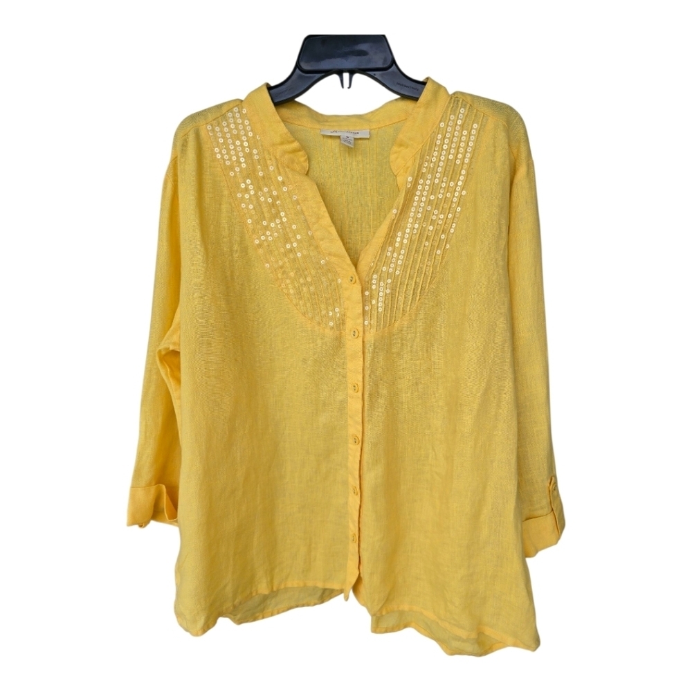 JM Collection 100% Linen Tunic Sequin Top Sz 18 Plus Yellow Slits Laggenlook